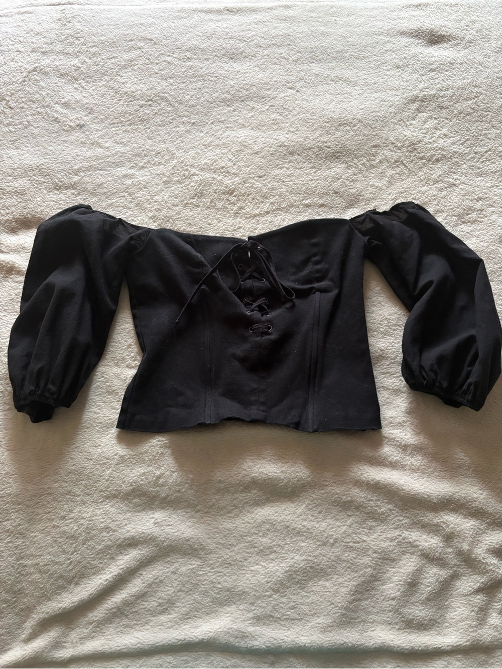 Black Off-Shoulder Lace-Up Corset Top Puff Sleeve Top
